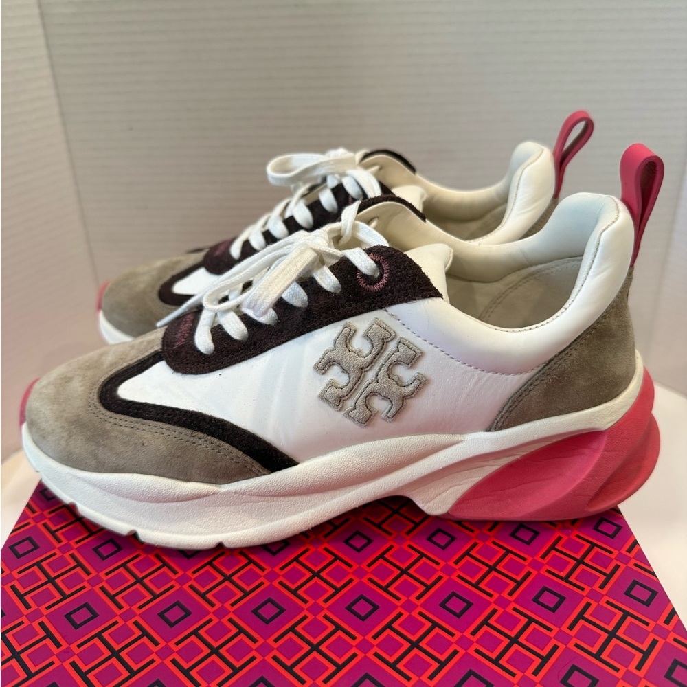 Tory Burch Good Luck Trainer Ivory/Taupe/Pink Sneakers